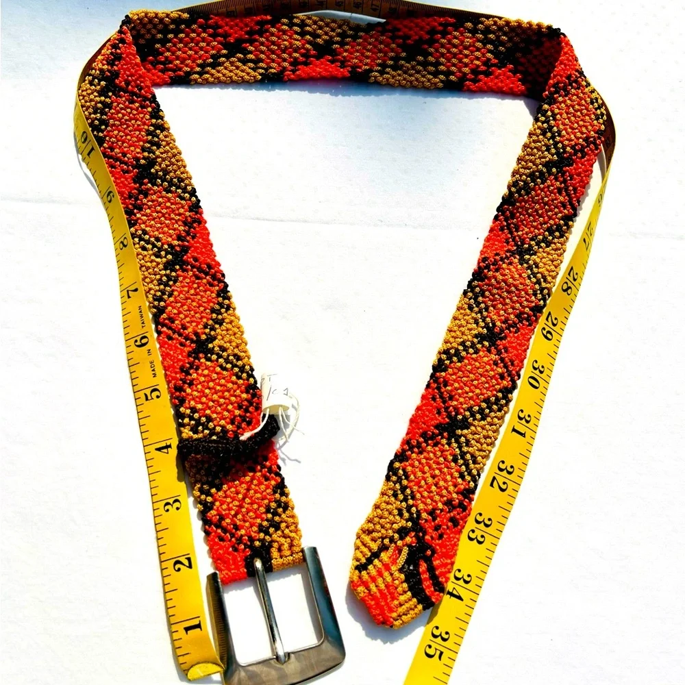 Macrame Belt Orange Black Metal Buckle Handcrafted